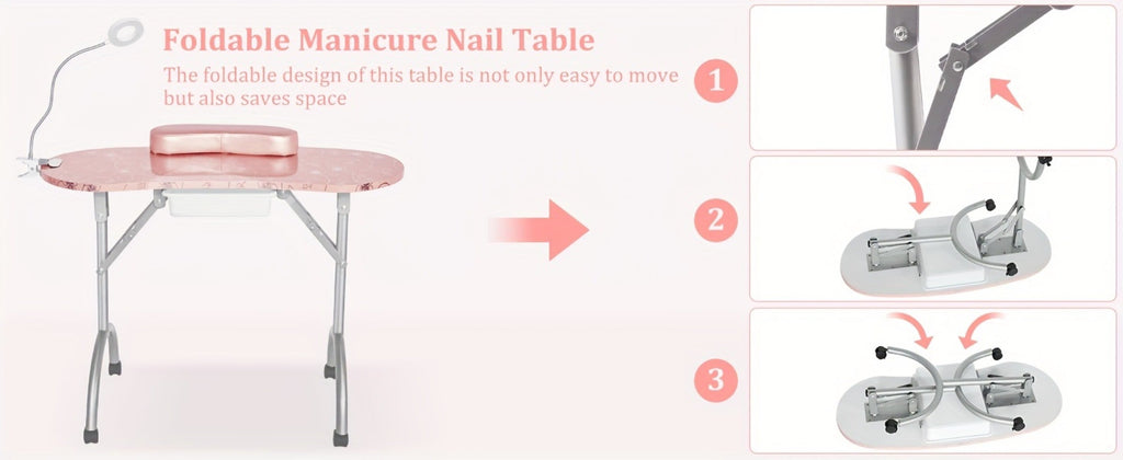 Foldable Nail Table with LED Lamp Drawer Lockable Wheels Wrist Cushion & Carrying Bag, Portable Manicure