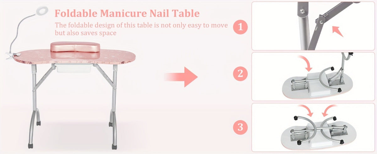 Foldable Nail Table with LED Lamp Drawer Lockable Wheels Wrist Cushion & Carrying Bag, Portable Manicure
