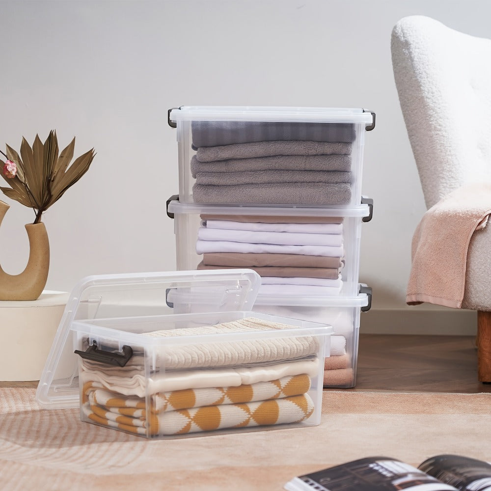 Six-Piece 16.9-Quart Clear Stackable Storage Box Set with Gray Latching Lids and 15.94-Inch Tops