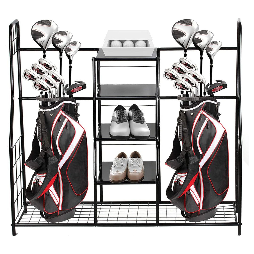Golf Bag Storage Rack Organizer Steel Dual Bag Holder with 4 Shelves for Clubs Balls Shoes Accessories Garage Basement Home Golf Equipment