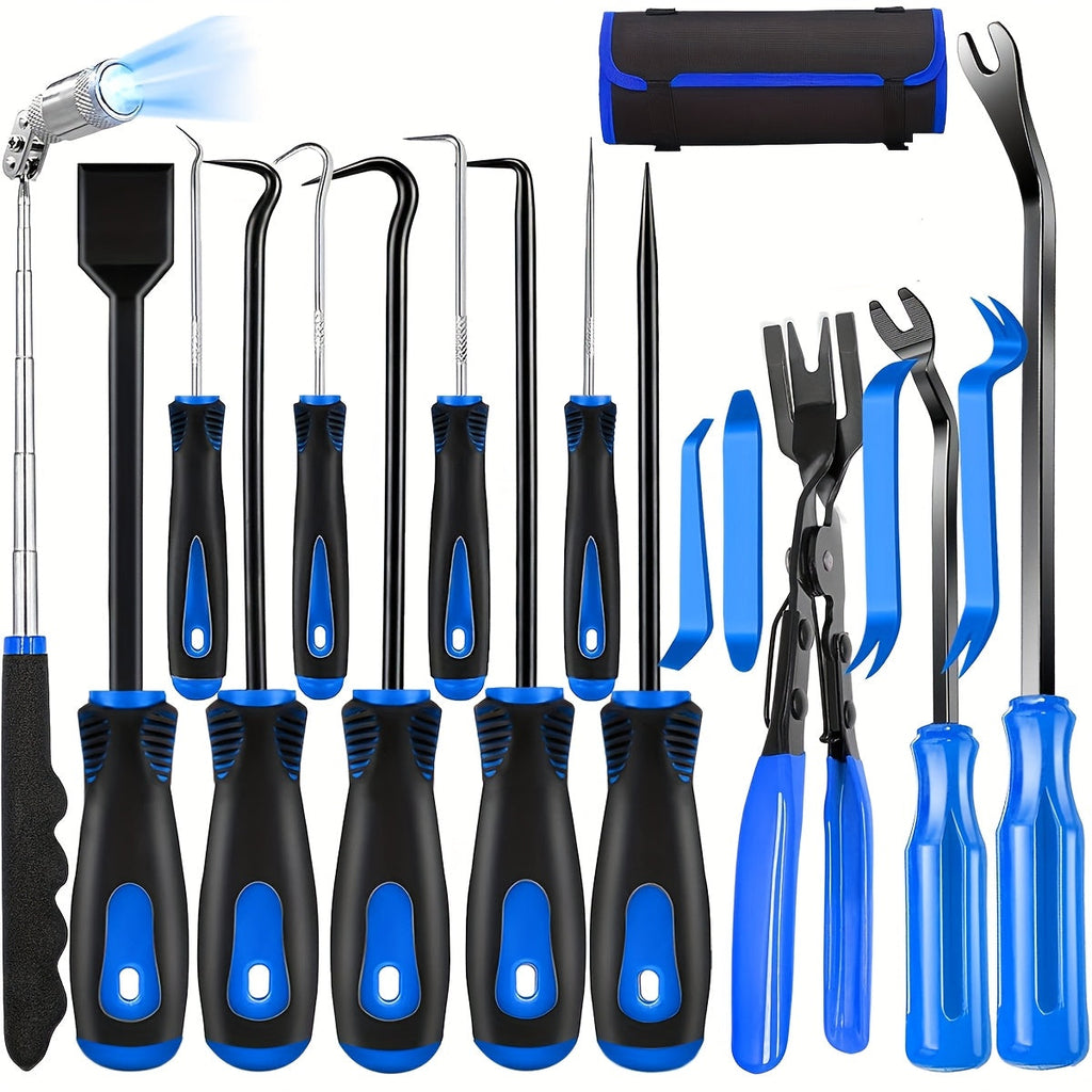 Auto Trim Removal Tool Kit 17pcs with Pry Tools Picks Metal Scraper Magnetic Telescopic Pickup Non-Slip Clips for Car Door Panel Dash