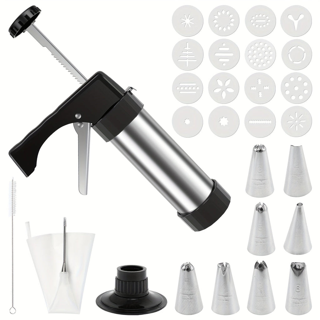 Cookie Press Kit Stainless Steel – 16 Cookie Discs & 8 Icing Tips, Biscuit Press Maker for Christmas Holiday Baking