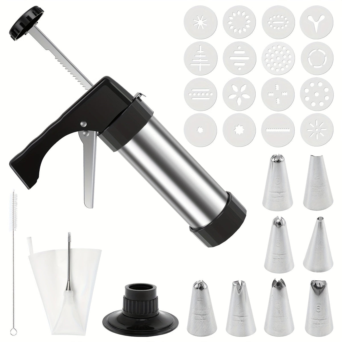 Cookie Press Kit Stainless Steel – 16 Cookie Discs & 8 Icing Tips, Biscuit Press Maker for Christmas Holiday Baking