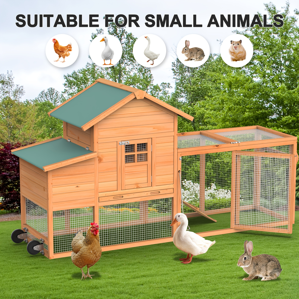 Portable Wooden Chicken Coop with Wheels, Nest Box and Wood Roof or Sunshine Board Run Option