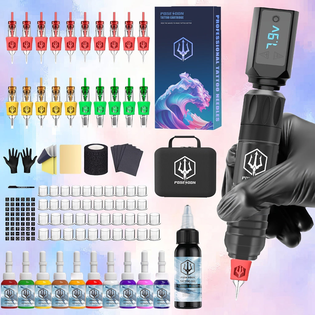 Tattoo Machine Kit POSEIDON TK035 Wireless Rotary Pen with LCD, 1500mAh Battery, 20 Cartridges and Practice Supplies