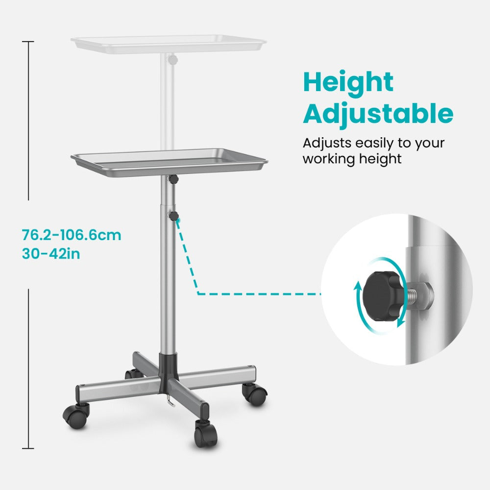 Salon Trolley Cart Height Adjustable 30 to 42 Inch Rolling Tray Table on Wheels Lockable Casters for Hair Stylist Barber Esthetician Nail
