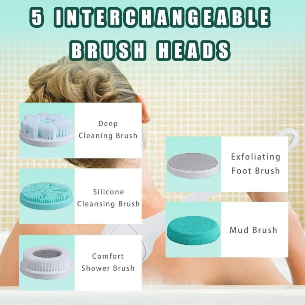 Electric Body Scrubber Brush 5-in-1 Rotating Shower Exfoliator with Long Handle - Bristle Bath Brush for Back Face & Full Body