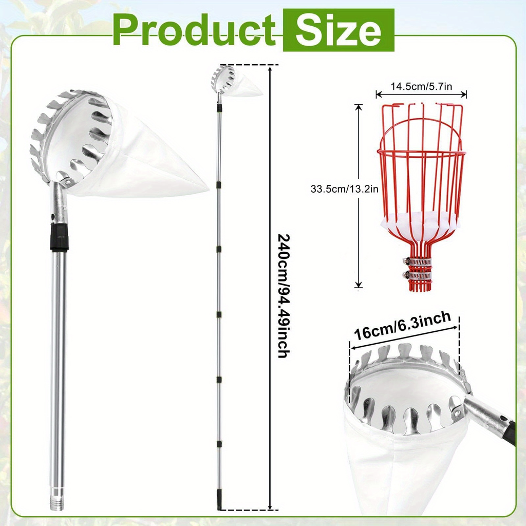 Stainless Steel Fruit Picker with Adjustable 63 to 157 Inch Extension Pole and Non-Slip Handle for Orchard Harvesting