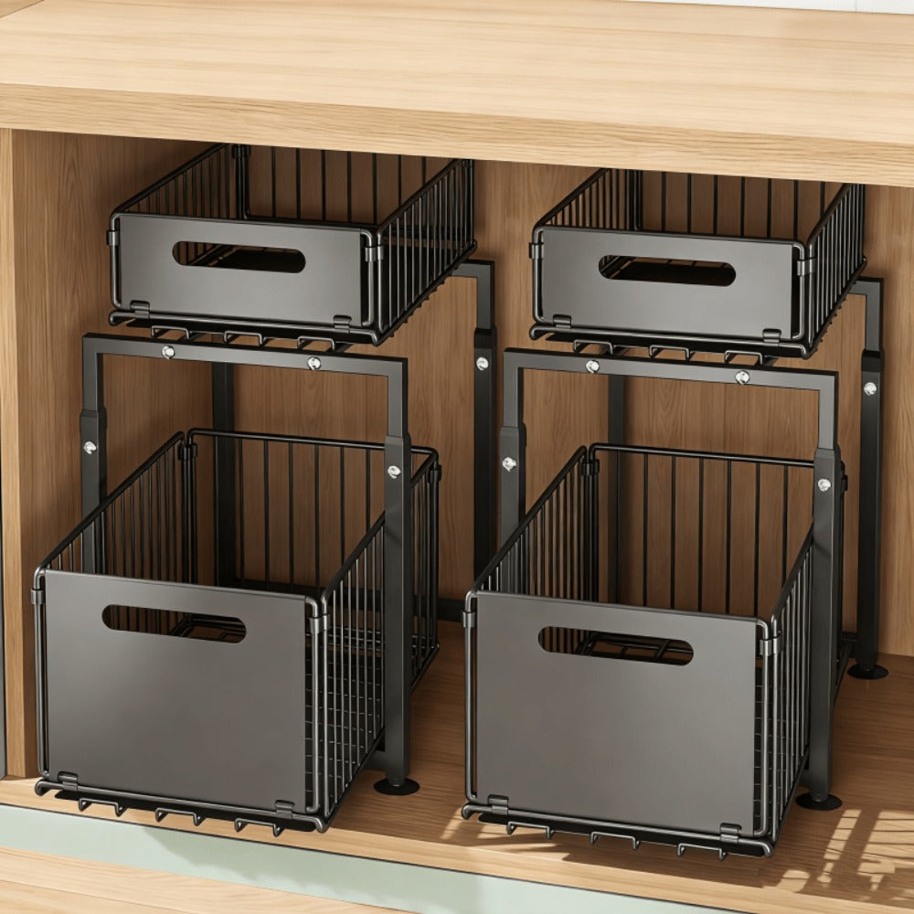 Under Sink Organizer 2-Tier Slide Out Pull Out Drawer Metal Basket Height Adjustable – Under Sink Cabinet Organizer for Kitchen Bathroom