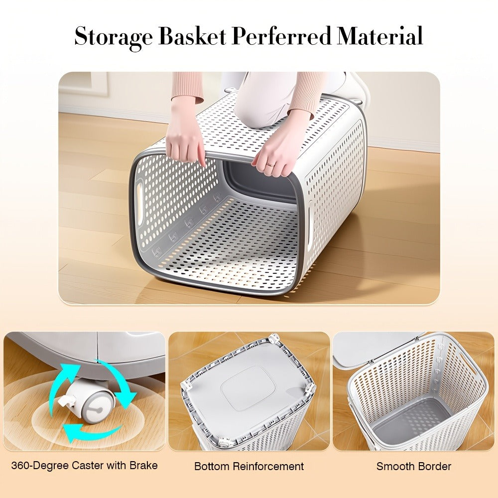 Wheeled Laundry Hamper Large Foldable with Dividers & Dust-Proof Lid – 360° Breathable Mesh Basket on Wheels, Reinforced Steel Base