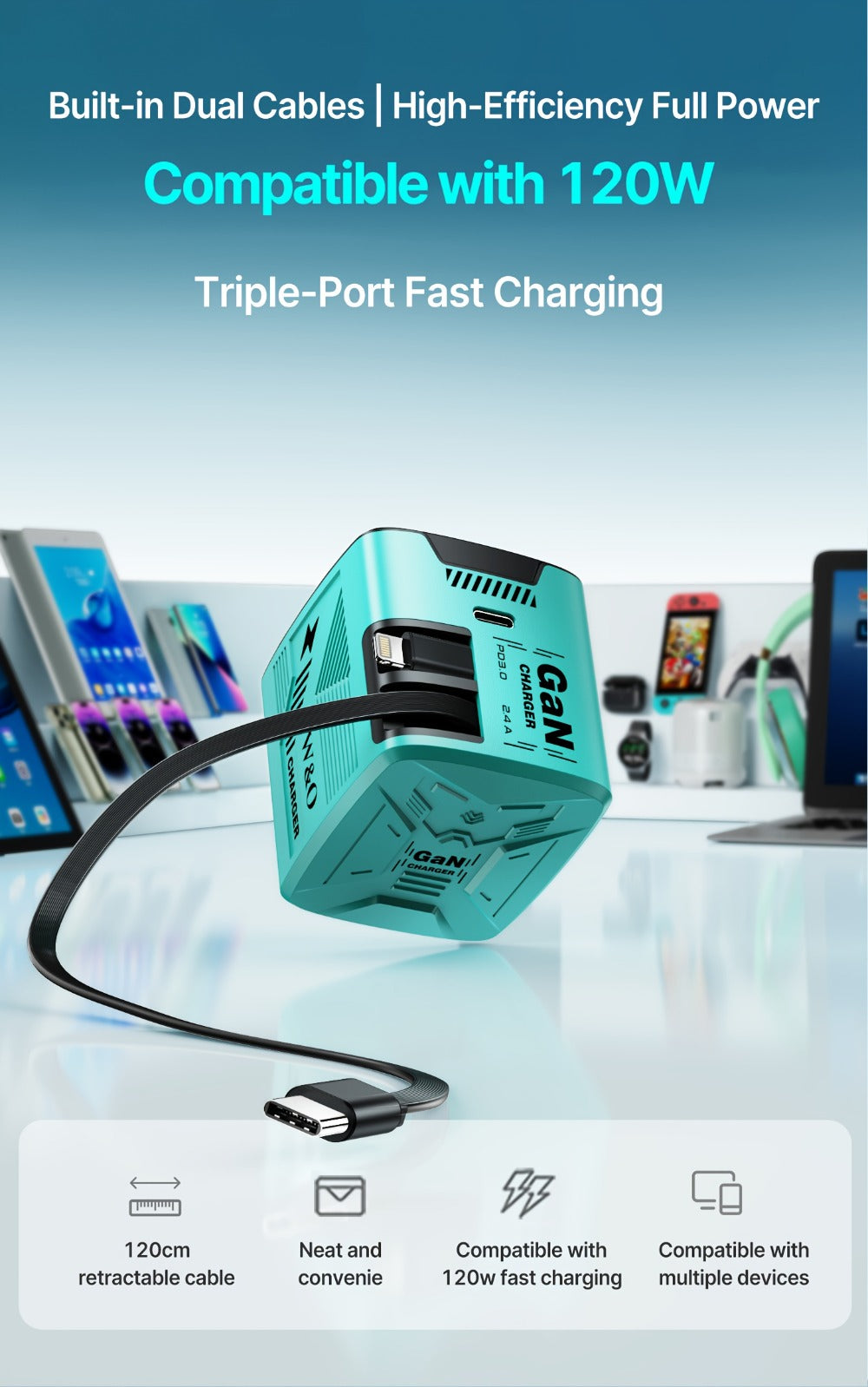 GaN Charger 120W with Lightning & Type-C Retractable Cables 47in, Foldable Plug USB-C Wall Adapter
