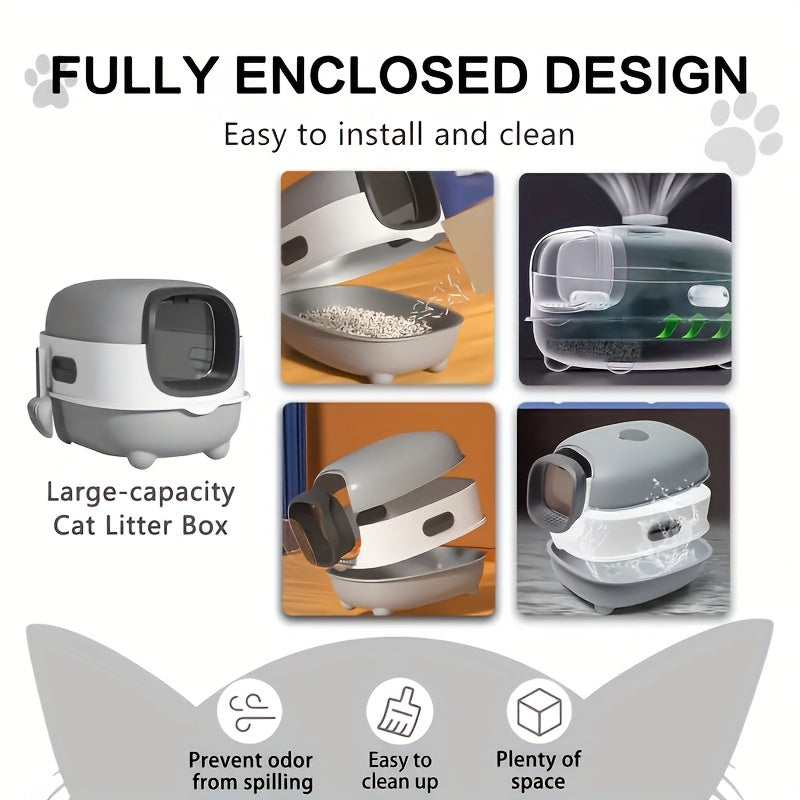 Covered Cat Litter Box with Scoop – Fully Enclosed Hooded Design, Spill-Proof & Odor-Reducing | Easy to Clean