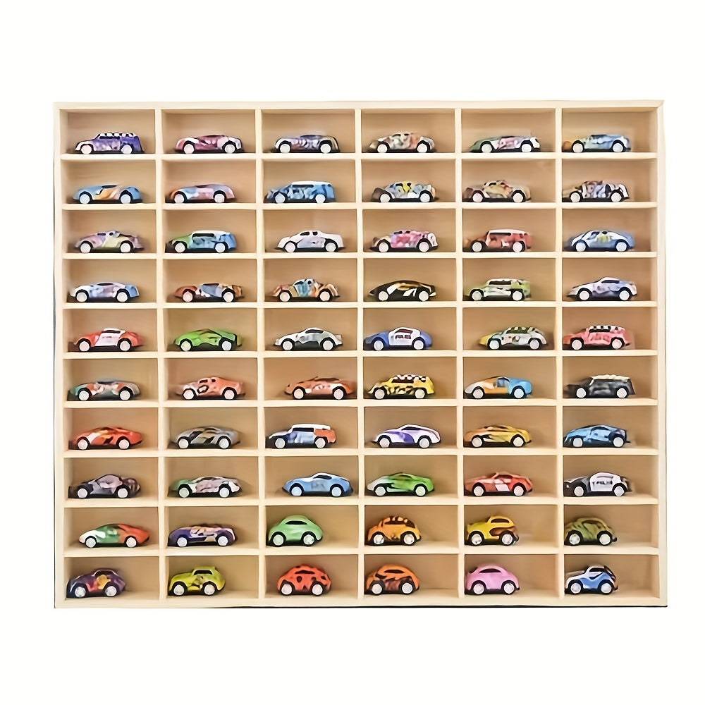 Wall-Mounted 1:64 Model Car Display Rack in Natural Wood with 60- or 80-Grid Open Compartments