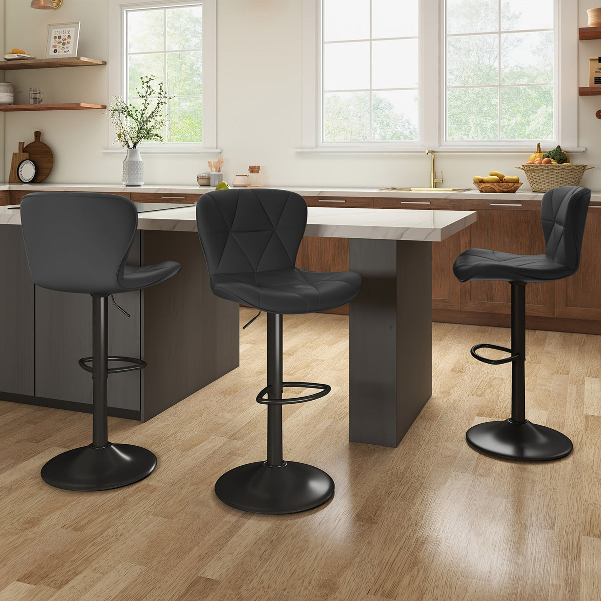 Bar Stool Adjustable Swivel Pedestal Seat with Padded Back, Footrest, Six Colors and Sets of 1 to 4
