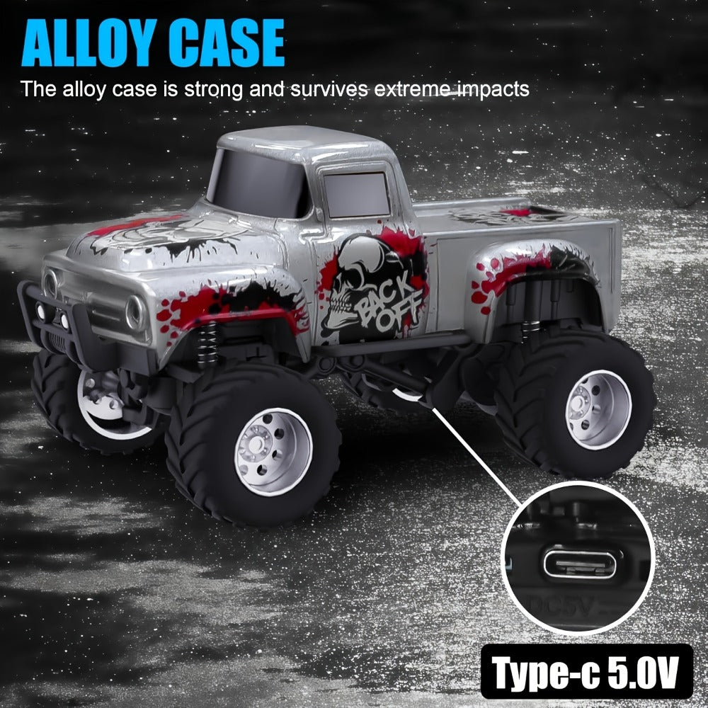 Mini Alloy RC Monster Truck 1:64 Scale 2.4GHz Off-Road Crawler with LED Lights, Street Graffiti Spray-Paint Design