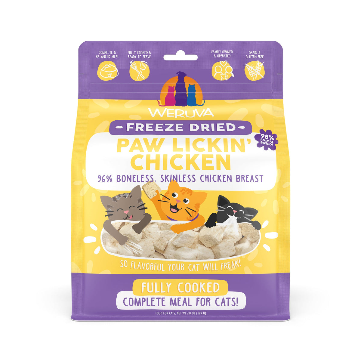 A bag of Weruva Paw Lickin' Chicken Freeze Dried shows illustrated cats and chicken pieces, highlights 96% boneless, skinless chicken breast, and is perfect as gently cooked or freeze dried cat food for a complete meal.
