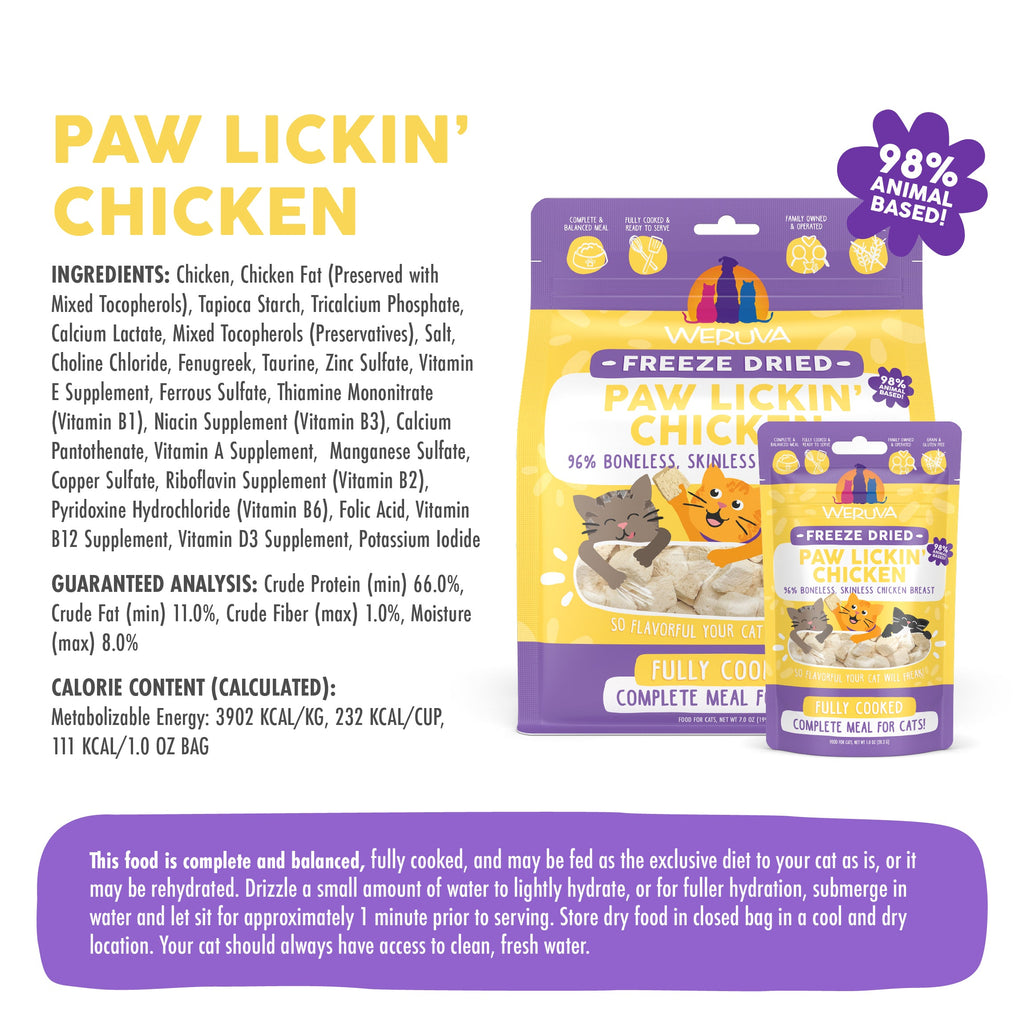 A package and small pouch of Weruva Paw Lickin' Chicken Freeze Dried cat food are displayed, showing product details, ingredients, and nutrition info on white and yellow packaging.