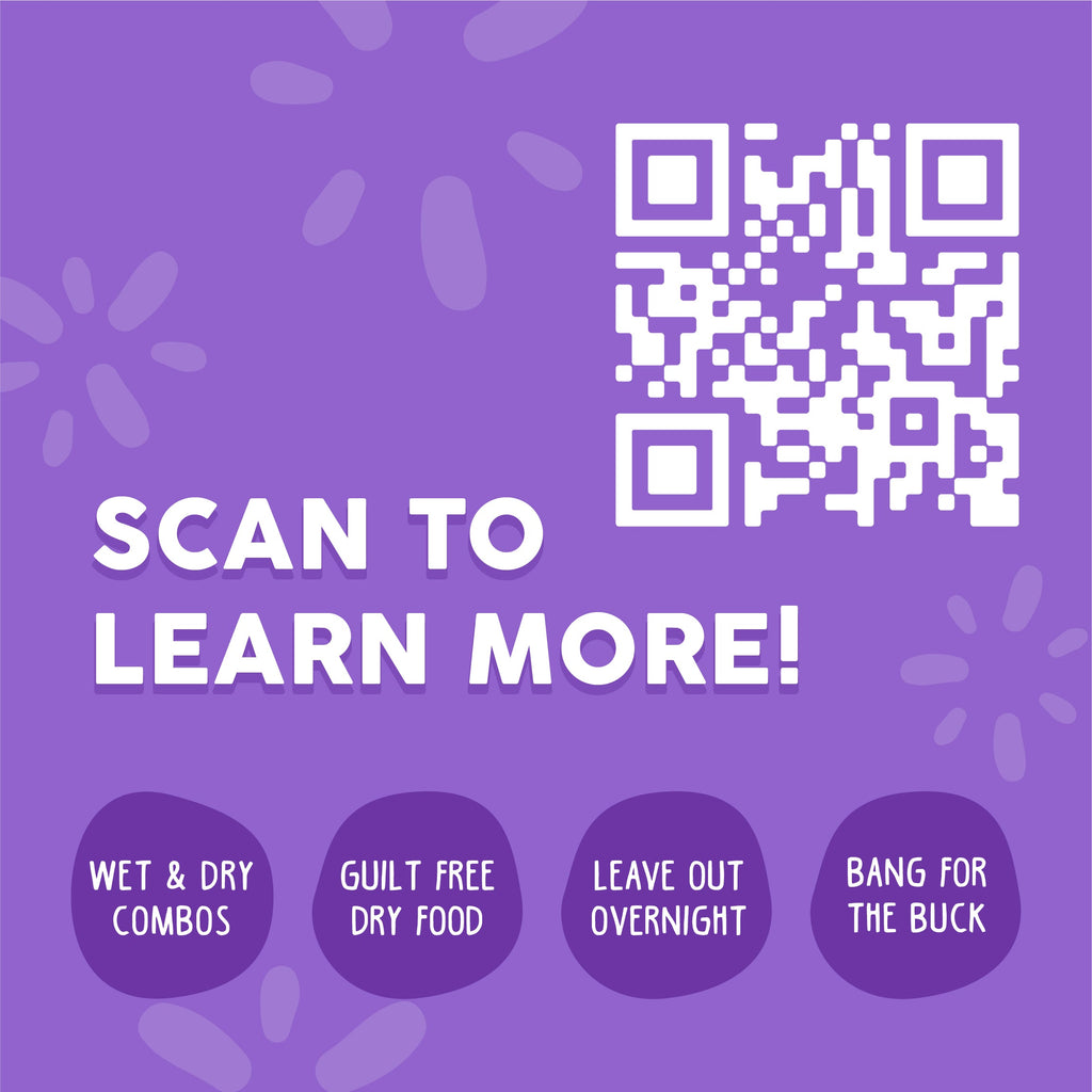 A purple graphic with a QR code and the text Scan to learn more! Below are four icons labeled: Wet & Dry Combos, Guilt Free Weruva Paw Lickin' Chicken Freeze Dried Cat Food, Leave Out Overnight, and Bang for the Buck.