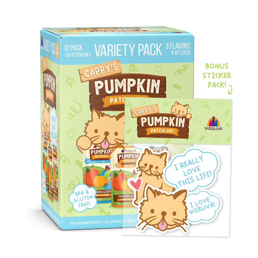 Weruva’s Cappy's Pumpkin Patch Up Variety Pack (12-pack) features an illustrated cat on the box and comes with a bonus sticker pack of cat stickers and positive phrases to support your pet’s healthy digestion and add fun.