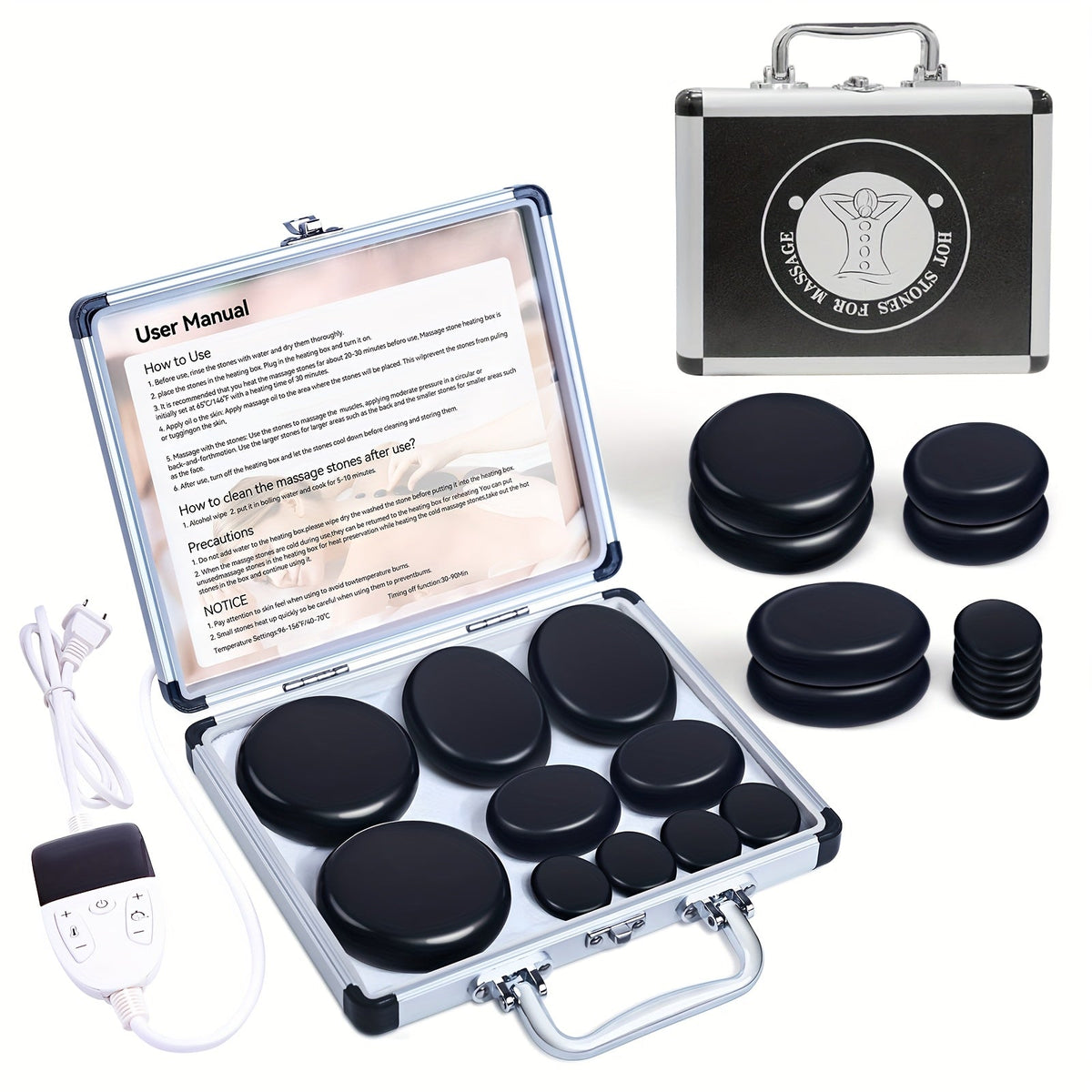 Basalt Hot Stone Massage Kit 10 Pcs with Heater Temperature Control Professional Spa Stones Set for Full