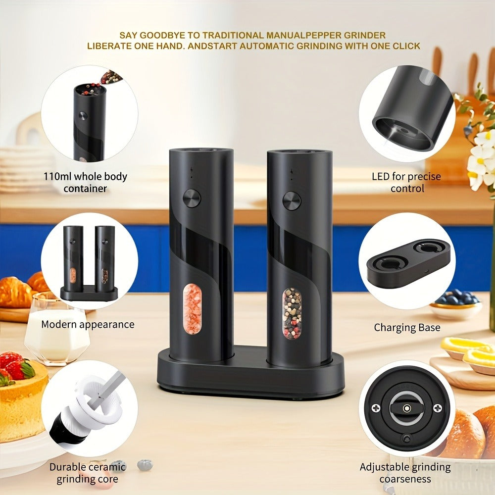 Electric Salt and Pepper Grinder Set with LED Light, Rechargeable Salt Pepper Mill, Adjustable Coarseness 3.72oz Large