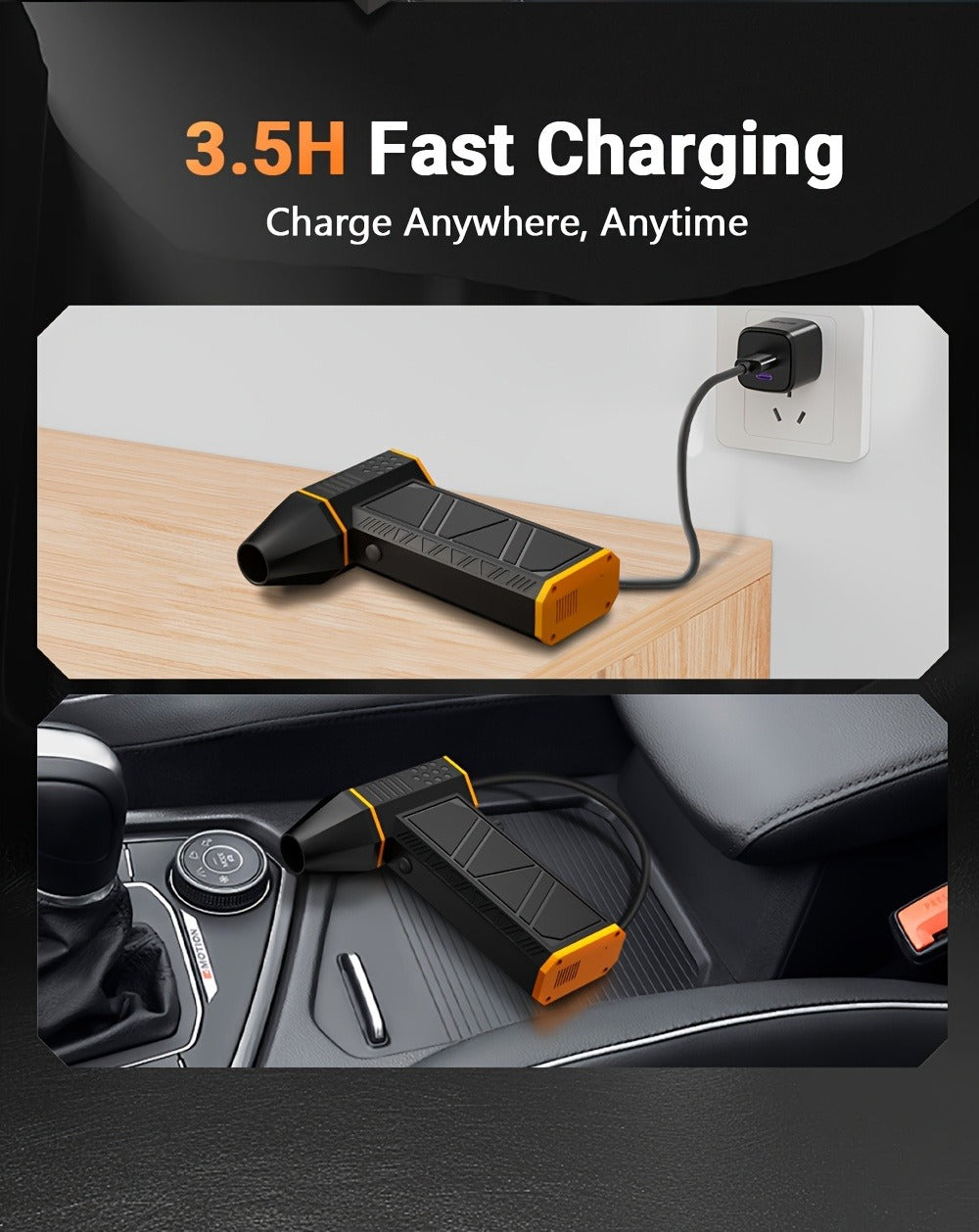 Orange-and-Black Turbine Air Duster with Four Power and Accessory Set Checkout Options Pictured