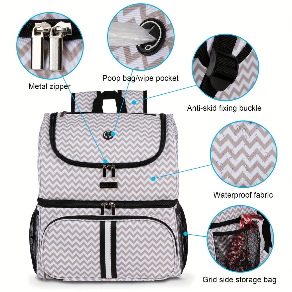 Pet Travel Backpack Double Layer Dog Cat Supplies Bag with 2 Collapsible Bowls 2 Food Baskets Portable Organizer for Outdoor Hiking Camping