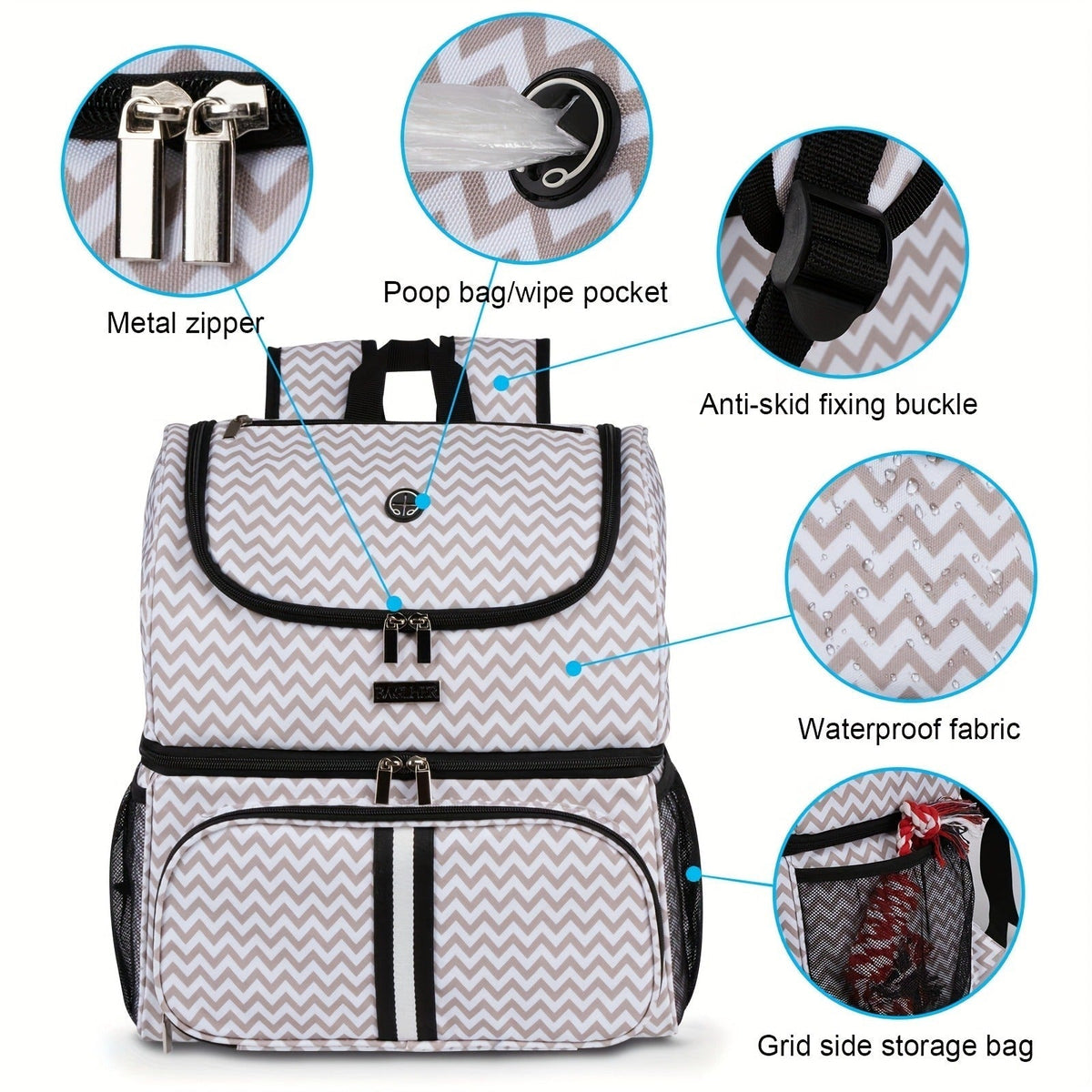 Pet Travel Backpack Double Layer Dog Cat Supplies Bag with 2 Collapsible Bowls 2 Food Baskets Portable Organizer for Outdoor Hiking Camping