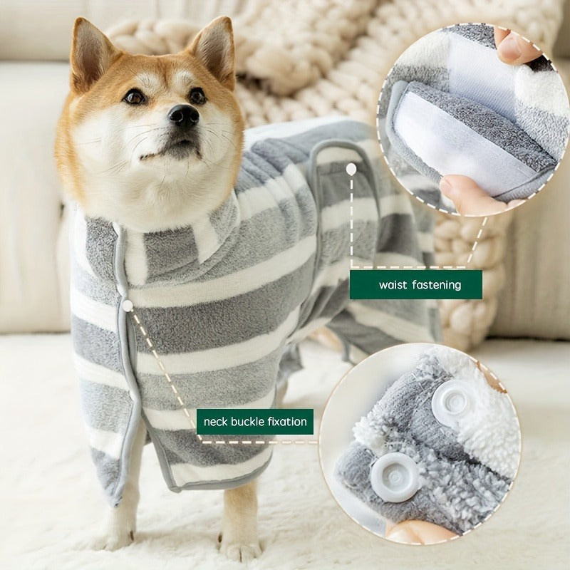 Gray Striped Microfiber Pet Bath Wrap with Adjustable Closure in Small, Medium and Large Sizes