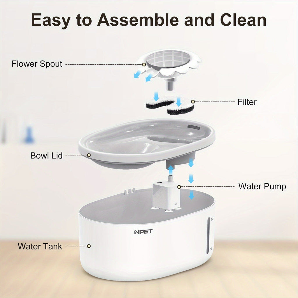 2L NPET Pet Water Fountain with Visible Water Level, PETNC010GW Filter Bundles and PETNC010YO-US Model
