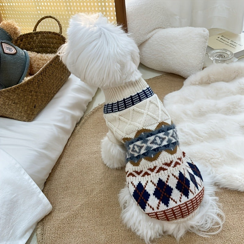 Cable Knit Dog Sweater Turtleneck – Thick Warm Winter Pet Pullover with Fair Isle Pattern, Cozy Cold Weather Knitwear