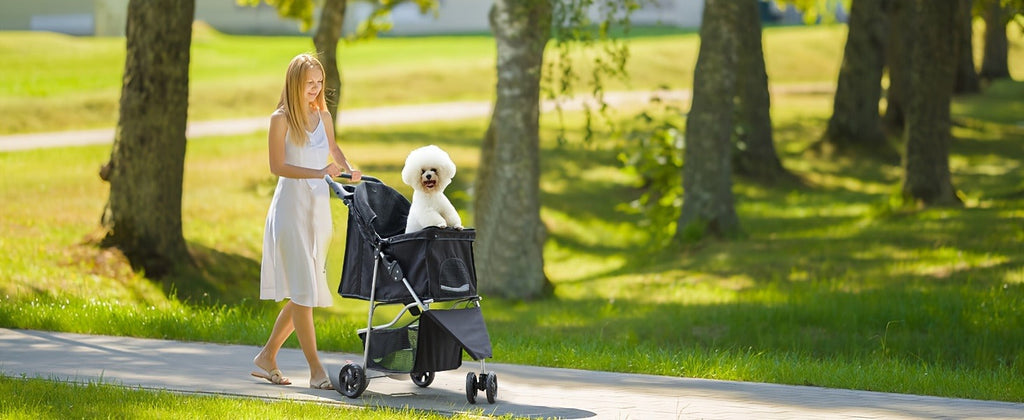 Black Three-Wheel Pet Stroller with Mesh Cabin, Front Cover, Cup Tray and Lower Storage Basket