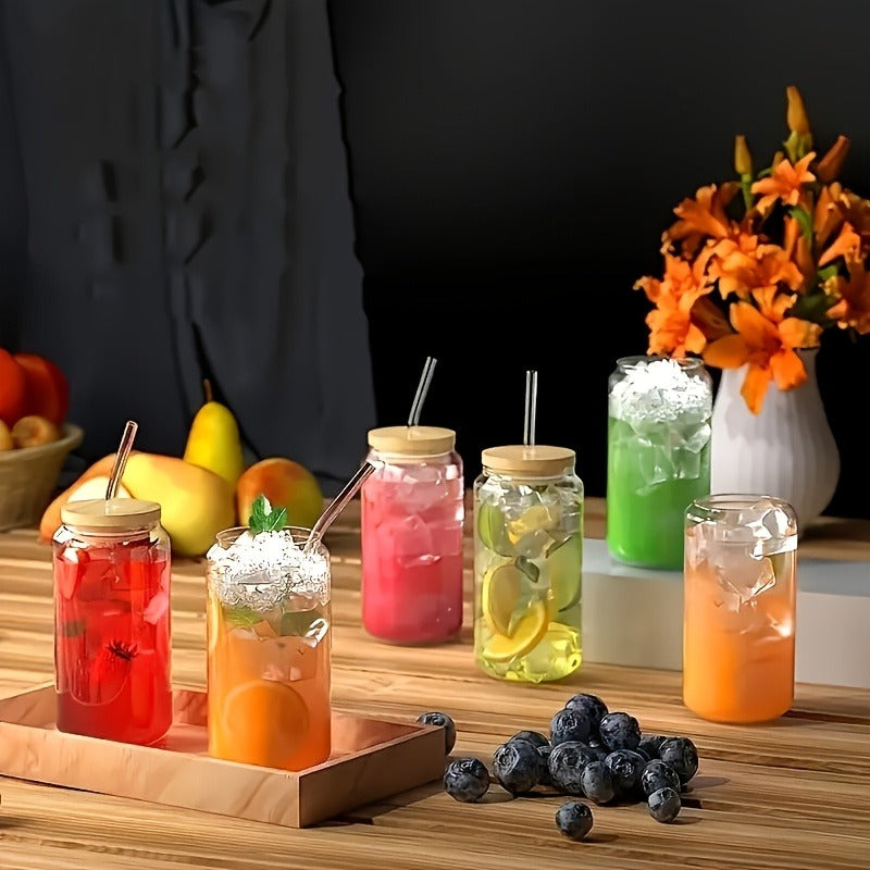 Drinking Glasses Set with Lid and Straw 550ml Oval Glass Cups 4 or 6 Piece, for Home Cooking, Dining and Outdoor Meals