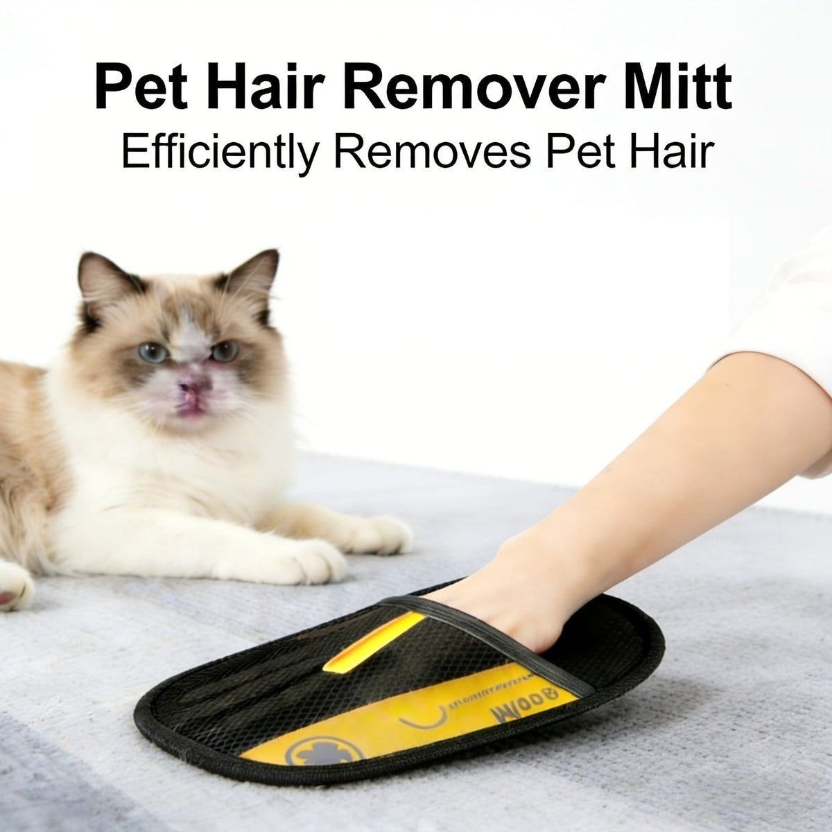 Reusable Fabric Pet Hair Removal Mitt Set with Four Black Mitts and Yellow Hand Straps for Upholstery