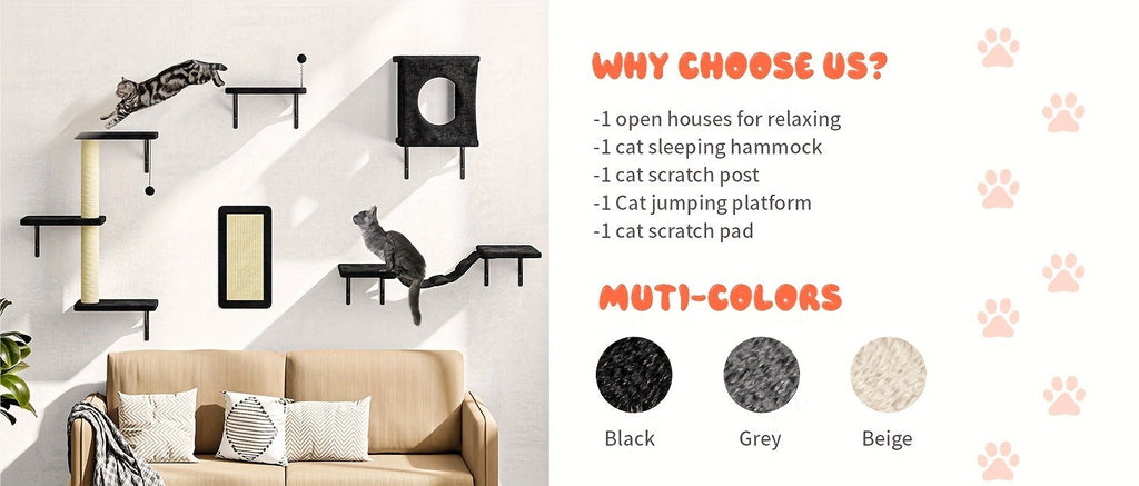 Cat Wall Shelves 5-Piece Set – Wall-Mounted Cat Furniture with Floating Perch, Cat Climber, Bridge & Cat Bed