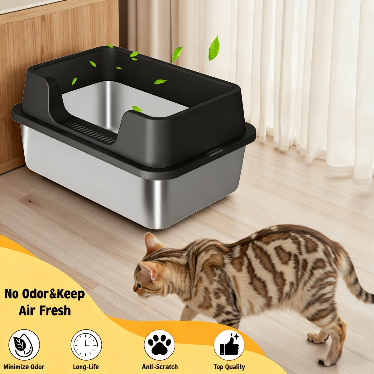 Stainless Steel Cat Litter Box with High-Wall Surround, Front Step, Scoop and 8.46- or 10.43-Inch Wall Options