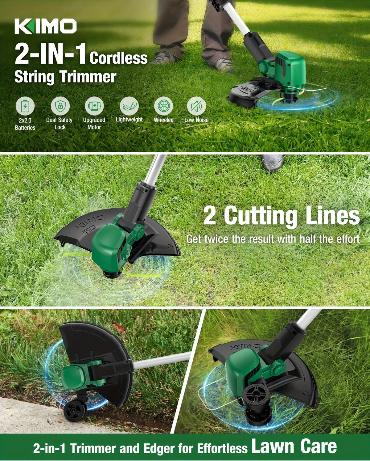 String Trimmer Cordless 2-in-1 Weed Wacker & Lawn Edger with Wheels, KIMO Brushless Motor 20000 RPM