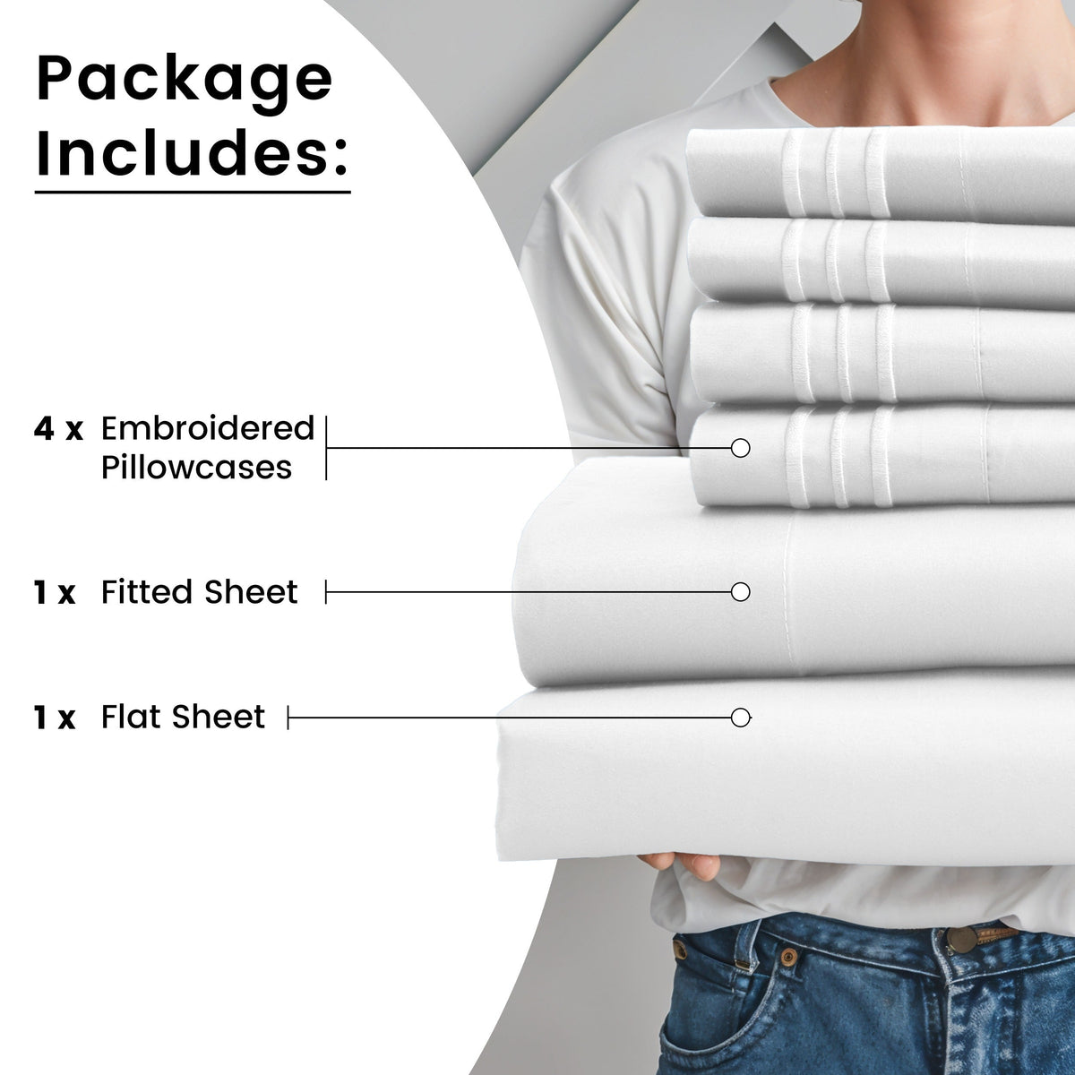 Fitted Sheet Set 6-Piece Brushed Polyester Deep Pocket Bed Sheets 20 Colors Hotel Luxury Bedding with Embroidered Pillowcases