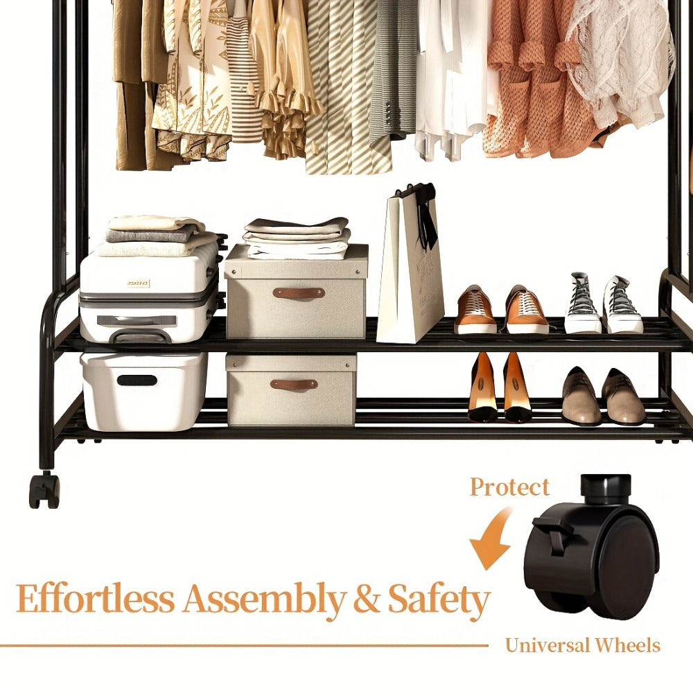 Black or Gold-Color Double-Rod Clothing Rack with Wheels, Side Hooks and 150 x 110 x 46 cm Frame