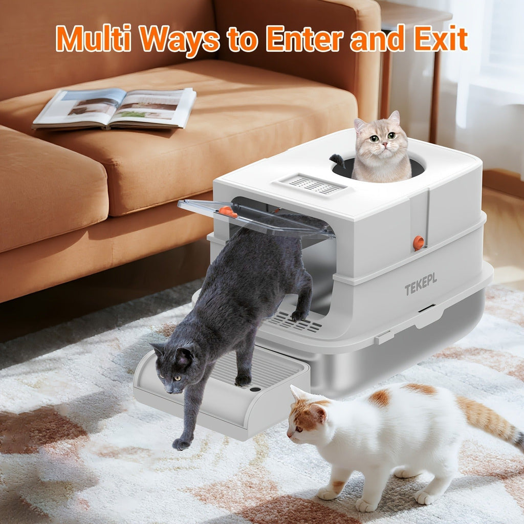 TEKEPL 68L Cat Litter Box with Stainless Steel Basin and Modular Enclosed, Semi-Open or Open Configuration