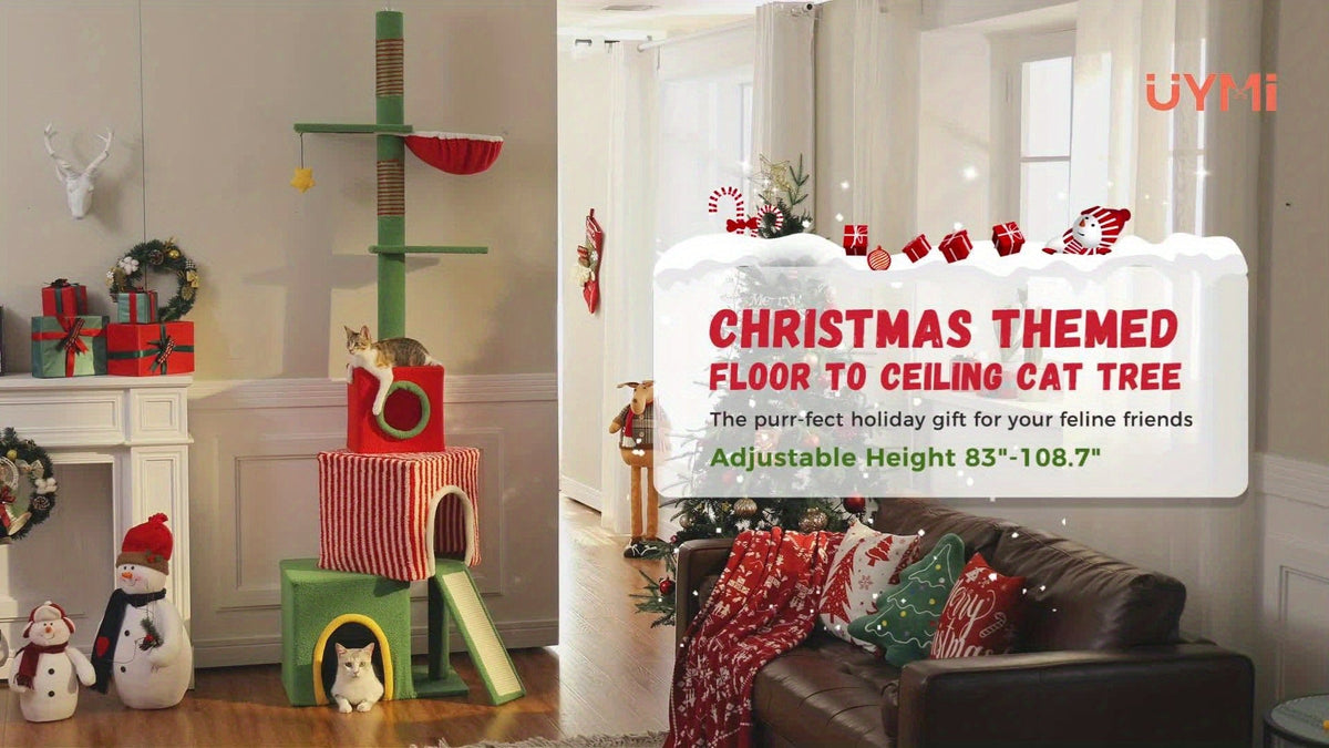 Floor to Ceiling Cat Tree Tower 90–107" – 4-Tier Tall Adjustable Cat Climbing Post with Tension Rod | Ceiling-Mounted Stable Cat Activity