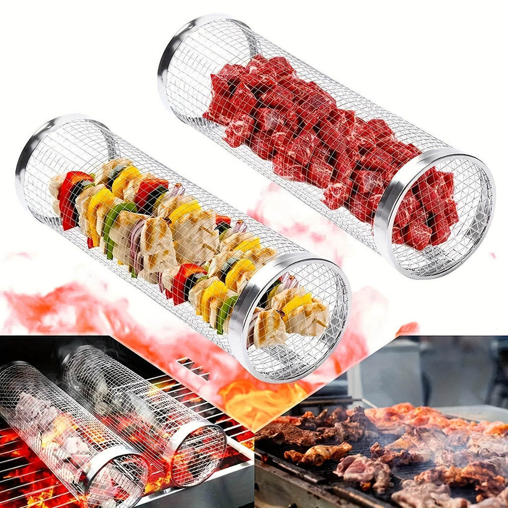 Rolling Grill Basket Stainless Steel 2-Pack, Cylinder BBQ Basket with Hook & Fork for Vegetables