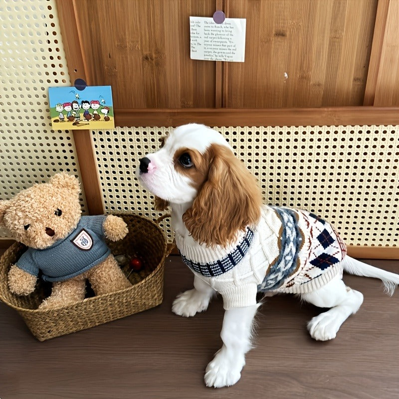 Cable-Knit Dog Turtleneck Sweater with Fair Isle Pattern, Beige or Blue and Five XS–XL Sizes