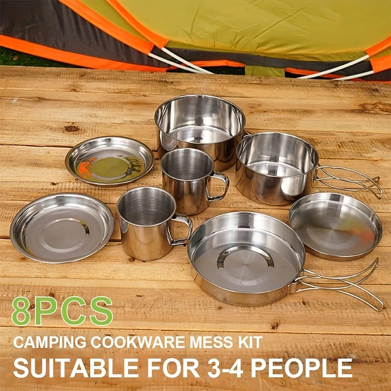 Stainless Steel Camping Cookware Set 8 Piece with Pots Pans Plates Cups and Handles – Lightweight Outdoor Cooking Kit for Camping Hiking