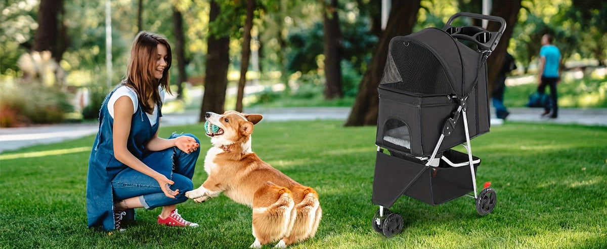 Black Three-Wheel Pet Stroller with Mesh Cabin, Front Cover, Cup Tray and Lower Storage Basket