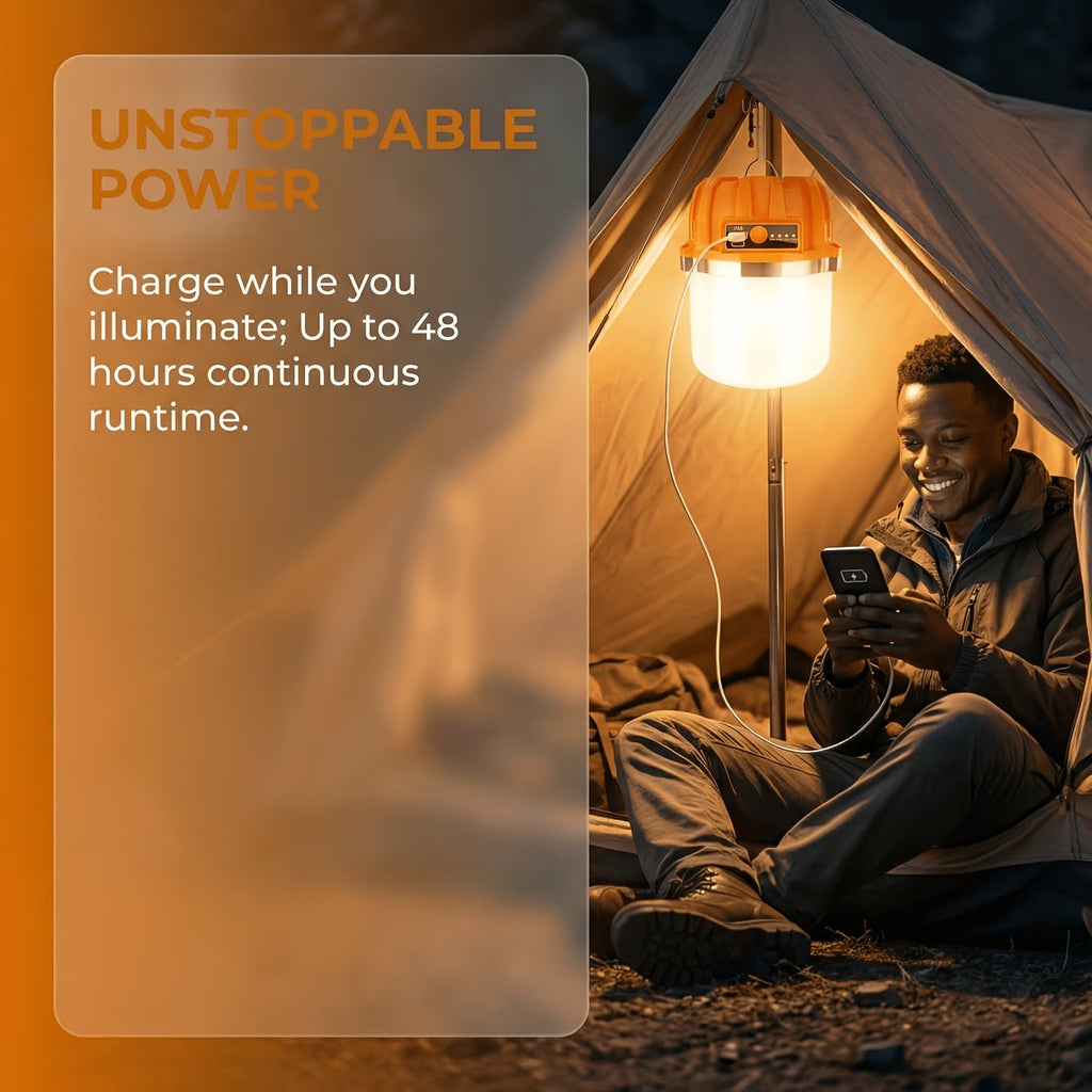 Orange Hanging Camping Lantern with Three Brightness Settings, Type-C Charging Port and Integrated Hook