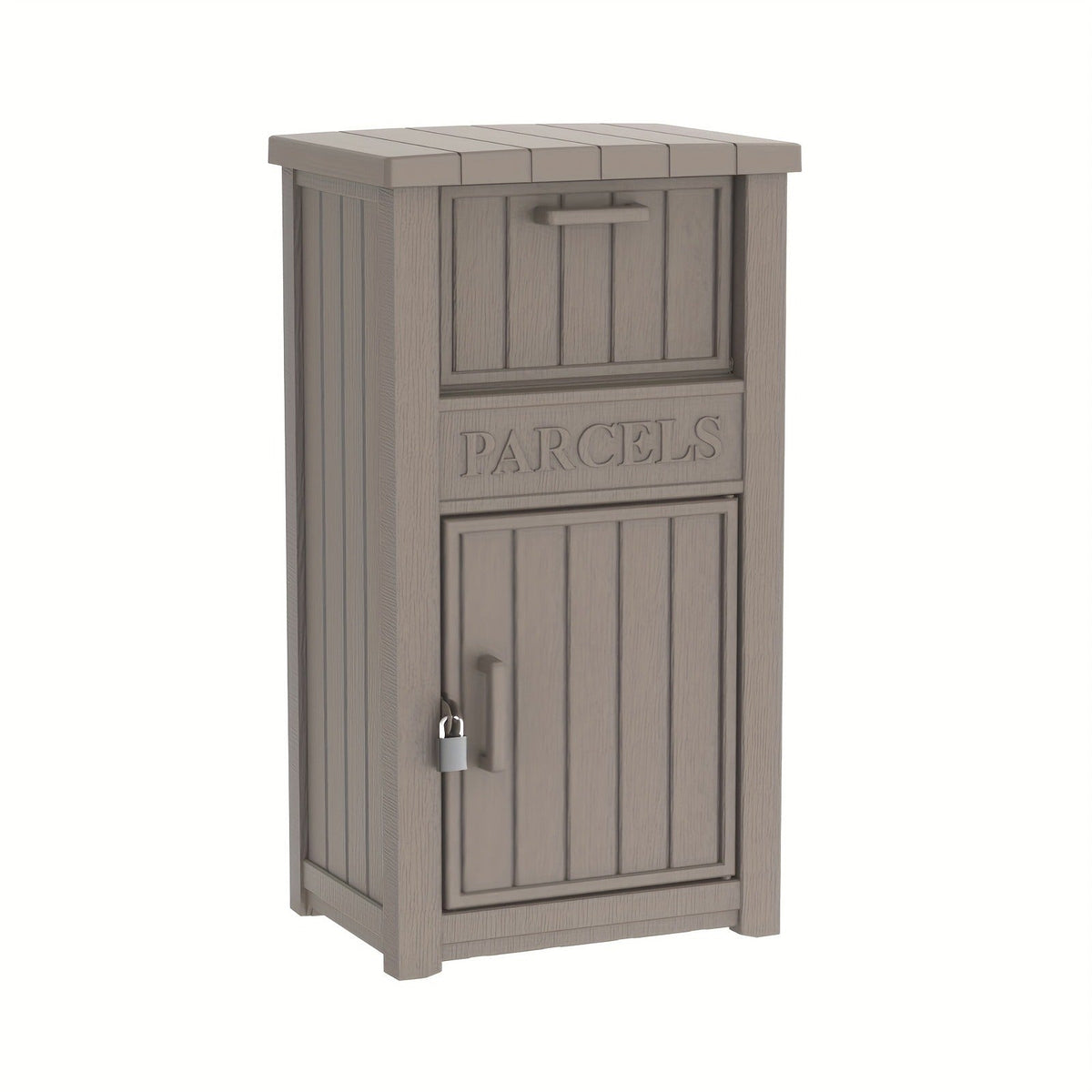Tall Light-Brown Parcel Outdoor Storage Box with Drop Compartment, Front Door and Lock Hardware
