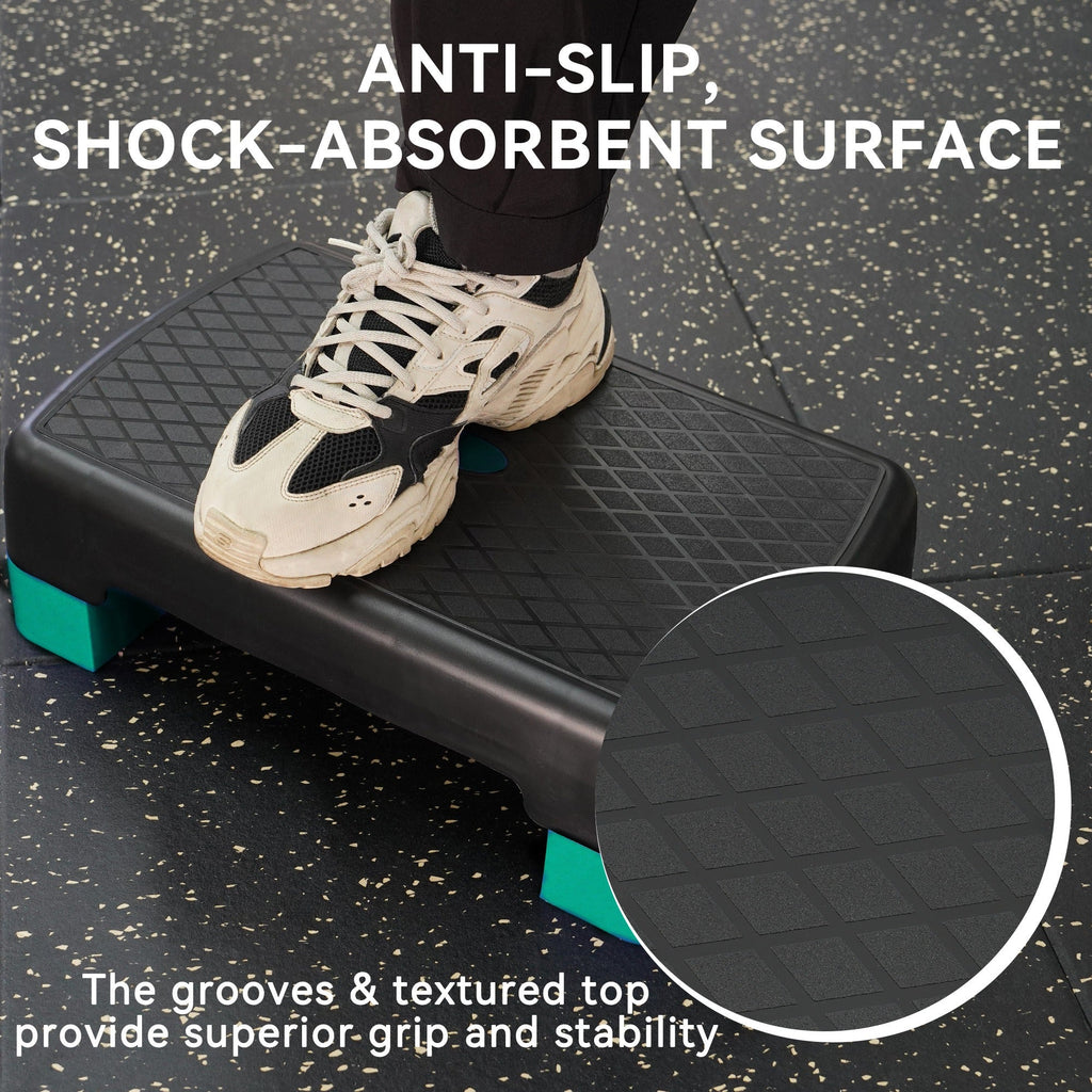 Aerobic Step Platform Adjustable Height with 2 Risers – Non-Slip Workout Stepper 18"x11", 440 LB Capacity