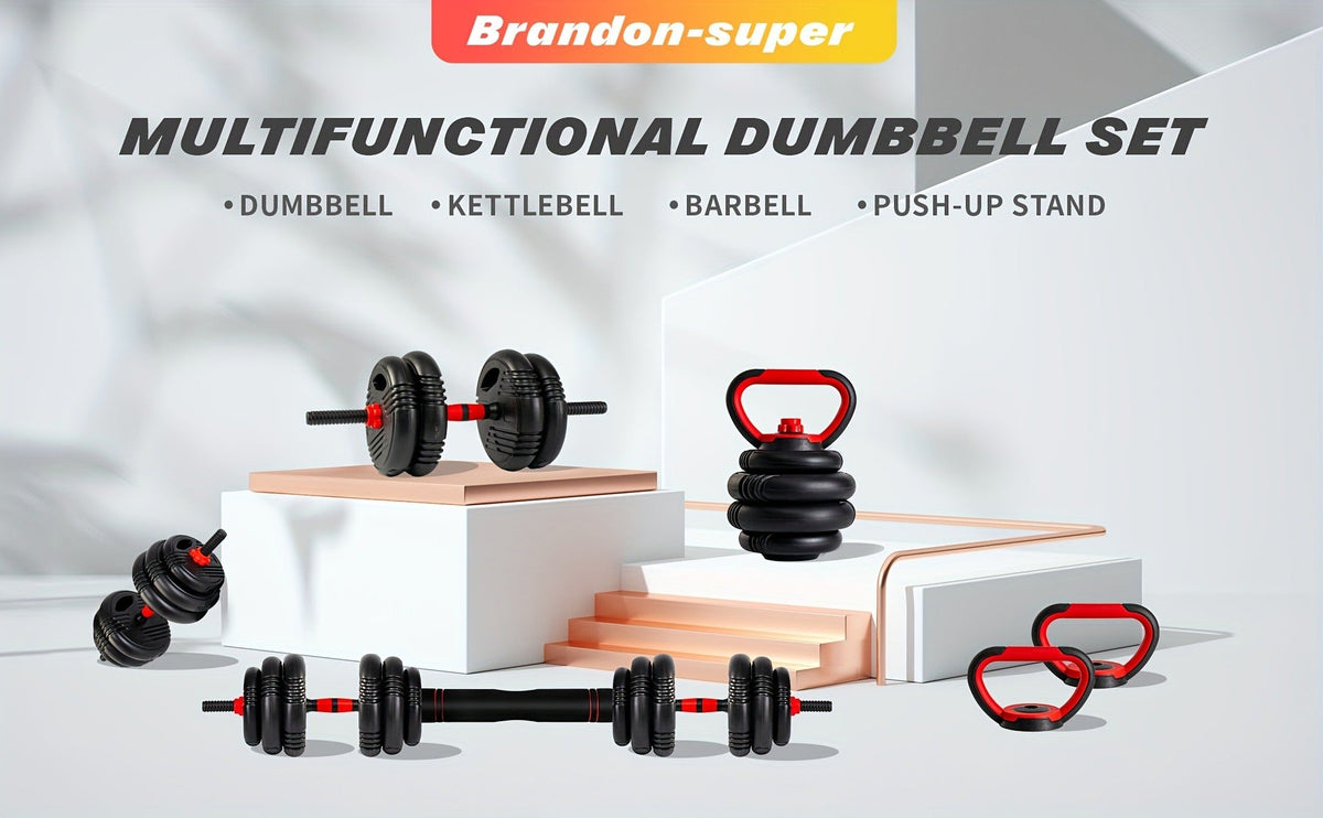 Free Weight Set 4-in-1 Adjustable Dumbbells 20–90LBS – Converts to Kettlebell, Barbell & Push-Up Stand, Double Nuts Non-Slip Bar for Home
