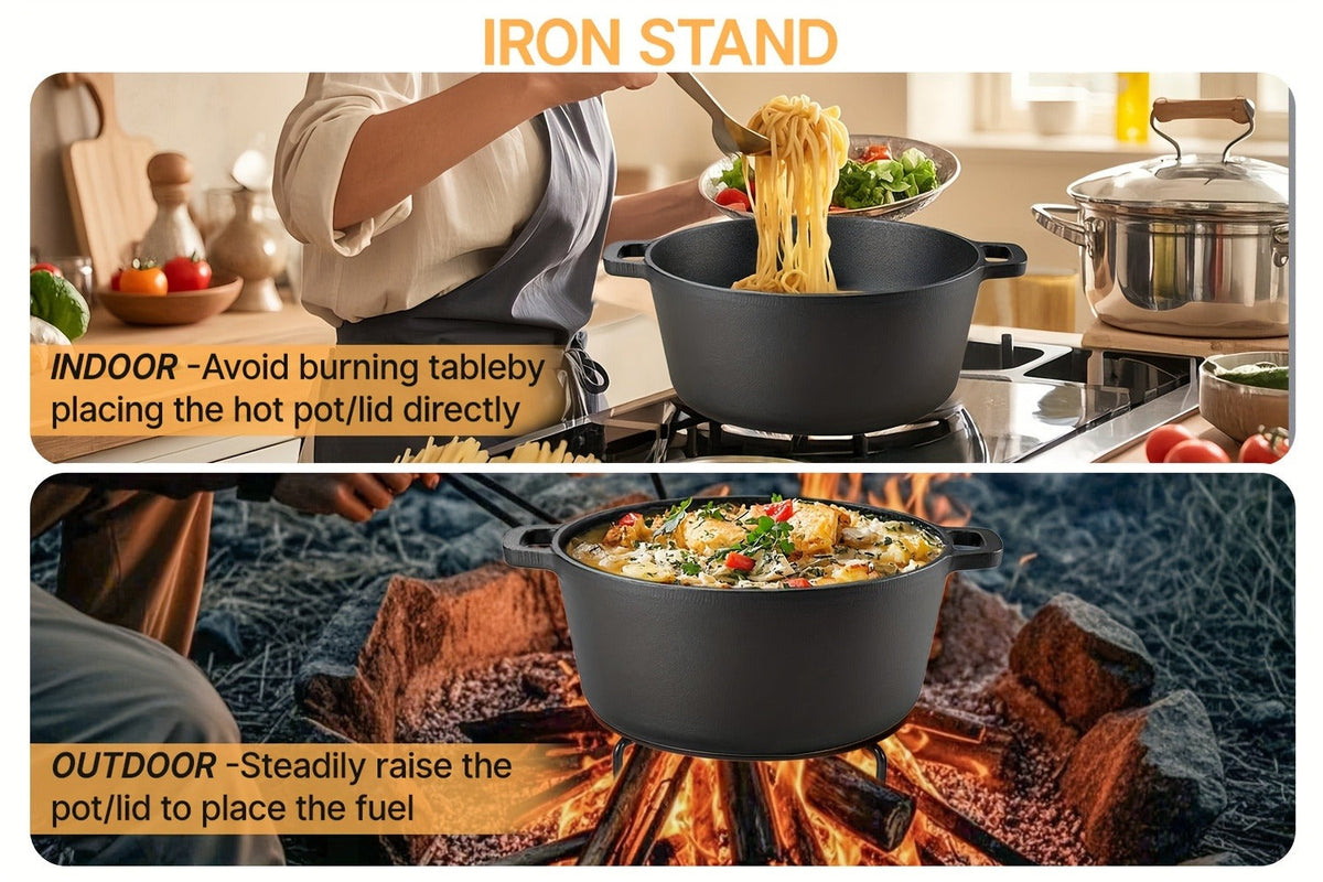 Pre-Seasoned-Labeled Cast Iron Dutch Oven with Reversible Skillet Lid, Trivet, Handle Covers and Scraper